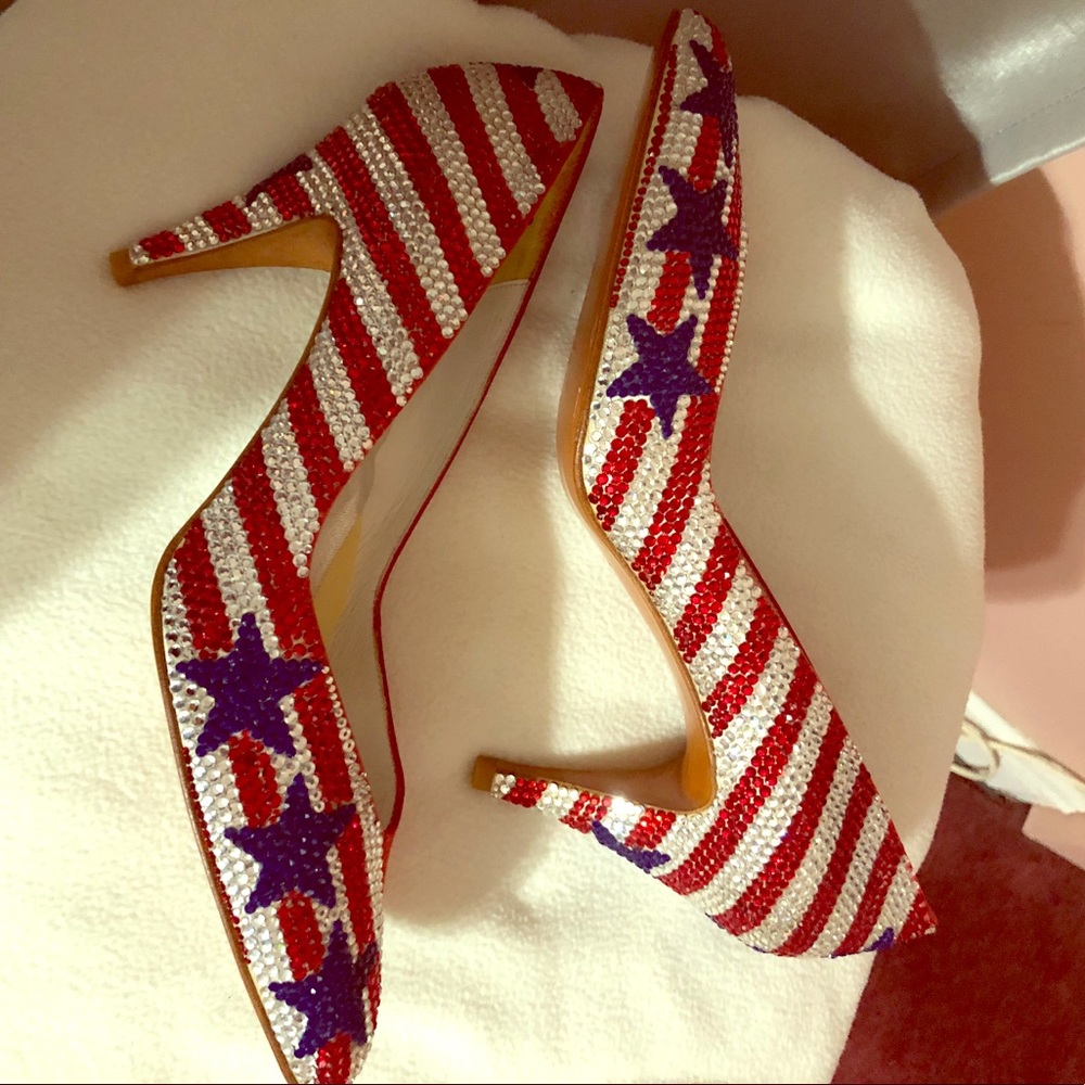 Stuart Weitzman Red, White & Purple Crystal Flag Pointed Toe Heels